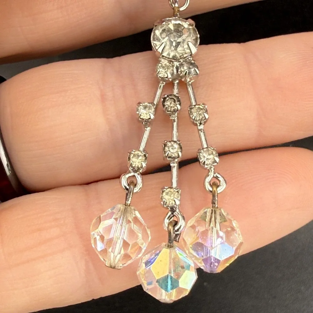 Vintage Estate Rhinestone Brooch Silver Tone Dangle AB Crystal Unique